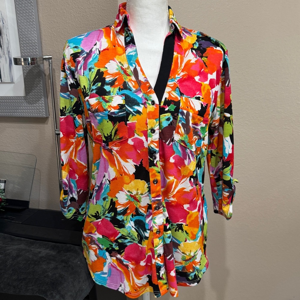 Med Top Blouse by Venini 95% Poly 5% Spandex Bright Print Multi Color Red Orange